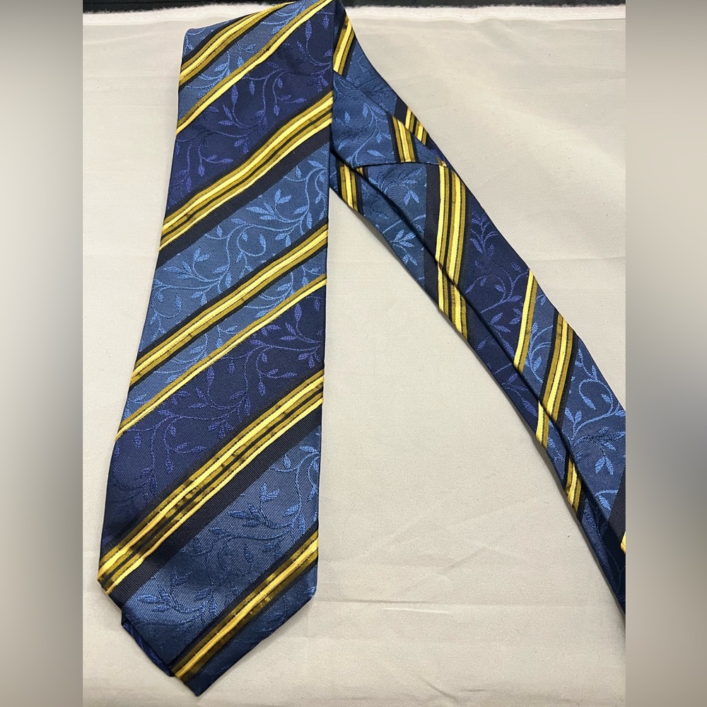 Kenzo Homme Blue & Gold Striped Floral Jacquard Silk Tie Designer Neck Tie